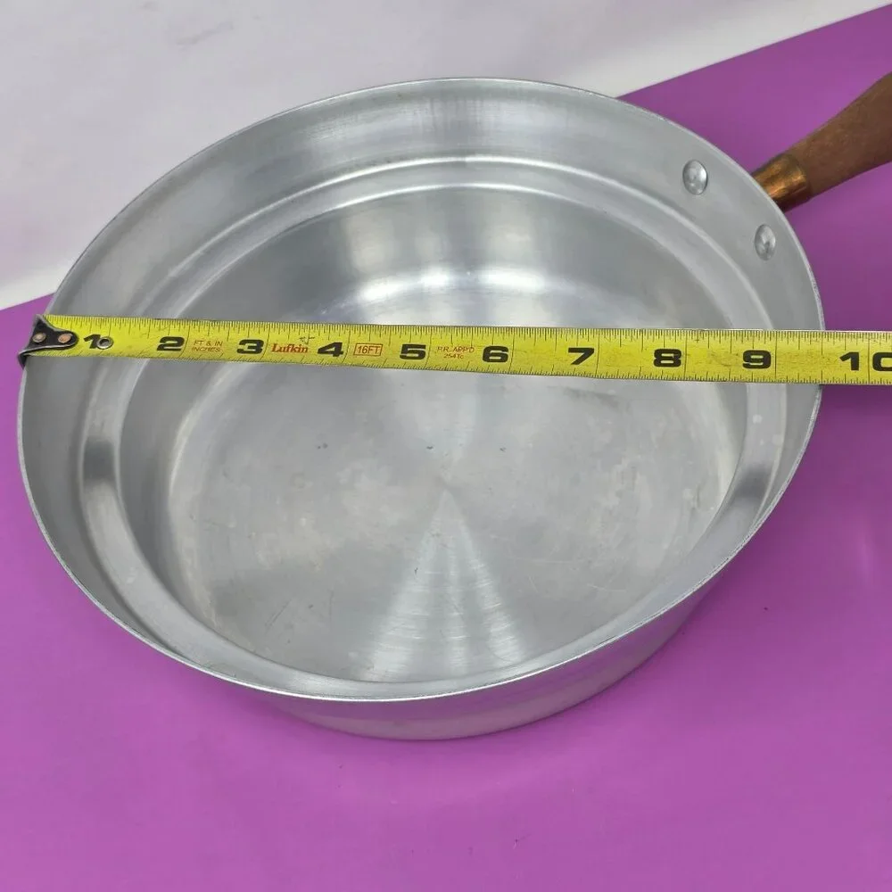Vintage Aluminum Pan Wooden Handle Sturdy Construction Ideal Kitchen Use Display